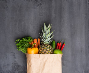 Healthy eating ingredients: fresh vegetables, fruits and superfood. Nutrition, diet, vegan food concept