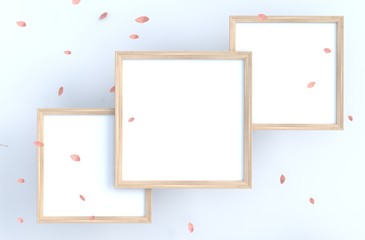 White living room decor with picture frame and blow pink leaves, branch. 3d render. For valentine day and love day.