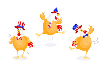 Cute cartoon chicken jumping and dancing with American hat. 4th of July. Happy Independence Day. Illustration isolated on white background.