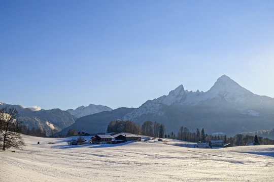 Panoramic view of beautiful winter landscape in the Bavarian Alps with Watzmann in the background, National Park Berchtesgadener Land, Bavaria, Germany