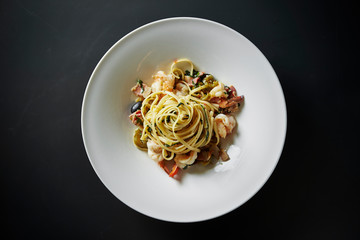 Shrimp and chili pepper fettuccine pasta 