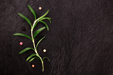 A rosemary branch with pepper, shot from above on a black background with copy space