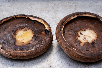Broiled Organic Portobello Mushrooms on a baking pan.