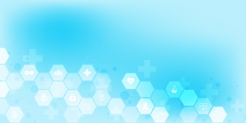 Abstract medical background with flat icons and symbols. Concepts and ideas for healthcare technology, innovation medicine, health, science and research.