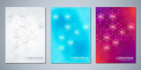 Fototapeta na wymiar Template brochure or cover with abstract chemistry background of chemical formulas and molecular structures. Science and innovation technology concept.