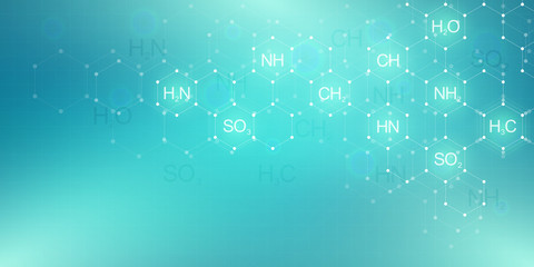 Abstract chemistry pattern on green background with chemical formulas and molecular structures. Science and innovation technology concept.