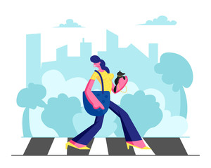 Young Adorable Woman in Fashioned Dress with Little Dog in Hands Walking along Crosswalk in Big Busy Metropolis, Girl City Dweller Lifestyle, Spare Time, Traffic