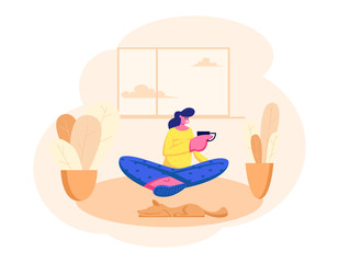 Young Woman Sitting on Floor with Cup of Tea or Coffee in Hand at Home. Female Character Visiting Friend, Relaxing after Work, Having Leisure, Sparetime Drink Beverage Cartoon Flat Vector Illustration