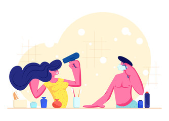 Every Day Routine, Hygiene. Loving Couple Morning Procedures. Girl Drying Hair with Fan, Man Shaving Standing in Front of Bathroom Mirror Together. Love, Relations. Cartoon Flat Vector Illustration