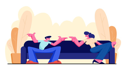 Young Man and Woman Sitting on Sofa at Home Having Active Conversation