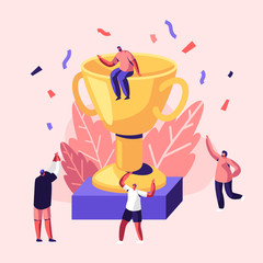 Cheerful People Celebrating Win Laughing with Hands Up around of Huge Gold Cup with Man Sitting on Top. Joyful Colleagues, Employees Rejoice for New Project, Success. Cartoon Flat Vector Illustration