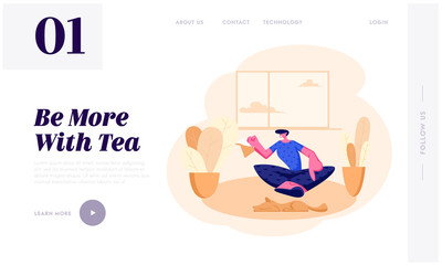Young Man Sitting on Floor with Tea Pot in Hands at Home Interior Having Leisure, Sparetime, Relaxing or Chatting with Friend. Website Landing Page, Web Page. Cartoon Flat Vector Illustration, Banner
