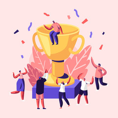 Cheerful People Laughing with Hands Up around of Huge Gold Cup with Man Sitting on Top. Employees Rejoice for New Project, Success, Win. Joyful Colleagues Celebrating. Cartoon Flat Vector Illustration