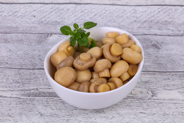 Pickled champignon heap in the bowl