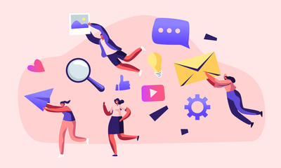 Communication, People Holding in Hand Envelope, Paper Airplane, Photo. Social Media Networking, Internet Accounting, Digital Technology in Human Life, Public Relations Cartoon Flat Vector Illustration