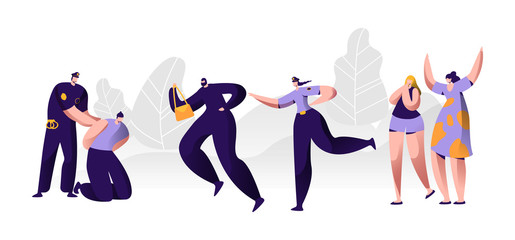 Police Officers at Work. Policeman Putting Handcuffs on Offender Hands, Woman Character Catching Up Thief to Arrest, Criminal Steal Bag from Victim , Witness Cry Help. Cartoon Flat Vector Illustration
