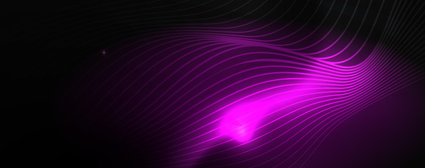 Smoky glowing waves in the dark. Dark abstract background with neon color light and wavy lines. Vector