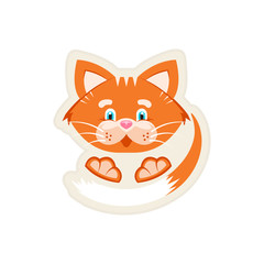 Fototapeta premium Vector illustration. Stker. Orange cat with a big face, tail and paws. White background. Cartoon character for printing on children's clothing, veterinary products, pet food. Print for t-shirts.