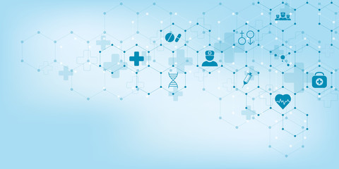 Abstract medical background with flat icons and symbols. Concepts and ideas for healthcare technology, innovation medicine, health, science and research.