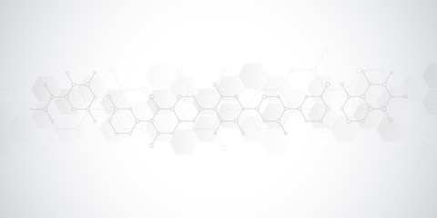 Abstract background of science and innovation technology. Technical background with hexagons pattern and molecular structures.