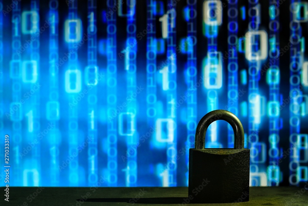 Poster closed padlock in front of blue floating binary code background. cyber and computer security concept. privacy protection against hackers, virus and spyware.