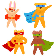 Set of animals superheroes. Vector hand drawn illustrations. Best for nursery, childish textile, greeting card, t shirt, print, stickers, posters design.