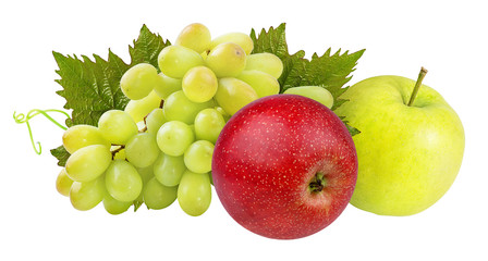 Fresh red and yellow apples and grapes isolated on white background with clipping path