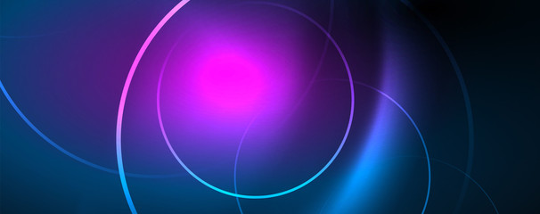Trendy neon blue abstract design with waves and circles. Neon light glowing effect. Abstract digital background.