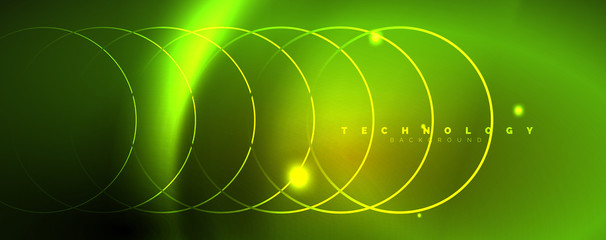 Bright neon circles and wave lines, glowing shiny background design template, digital techno concept.