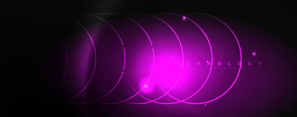 Dark abstract background with bright color neon lights and lines. Glowing background