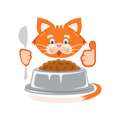 Vector illustration. Orange cat bowl with food and a spoon. Cartoon character for printing goods for pet store, pet food, concept of advertising logo.