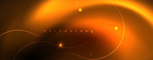 Bright neon circles and wave lines, glowing shiny background design template, digital techno concept.