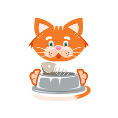 Obraz premium Vector illustration. Sticker. Orange funny cat with fish bone in a pet bowl. Goods for pet store, pet food, the concept of an advertising logo.