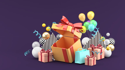 Gift Box and Shopping Bag amid colorful balls on purple background.-3d rendering.