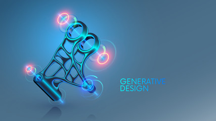 Generative design, development 3d model steel part on cad system. Industrial design mechanical item generated by computer artificial intelligence. Engineering technology concept banner. cad software. - obrazy, fototapety, plakaty
