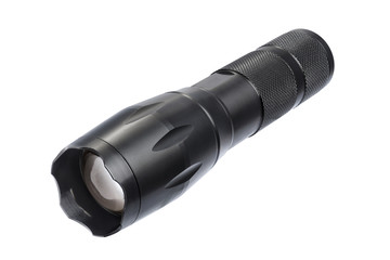 Black metallic flashlight or torch isolated