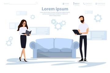 Landing Page for Management or Consulting Serves.  Business Woman and man with Notebook Searching Solution,  Analyzing Data. Text Banner Metaphor Template.  Vector Commercial Editable Illustration