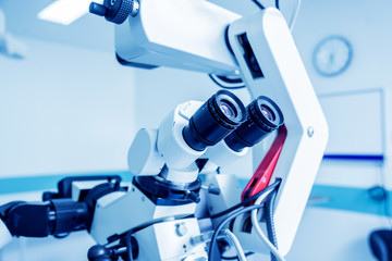Modern microscope for operations in surgery room at the hospital.
