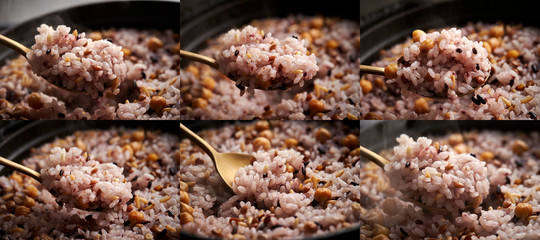 Steamed multi grain rice with spoon