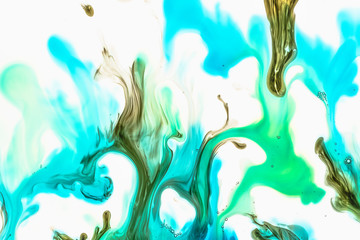 Watercolor and acrylic abstract. Colorful background. Mix, splashes and drawings of colors: blue, green, brown, yellow, white background