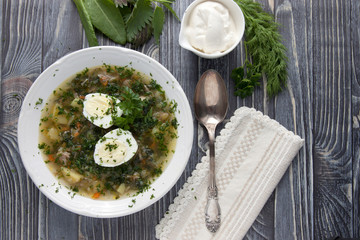 Nettle soup with sorrel in a plate