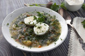 Nettle soup with sorrel in a plate