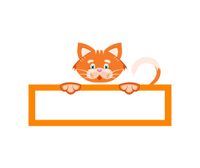 Vector illustration. Sticker. Orange cat holds a rectangular frame. Cartoon character for printing goods for pet store, signboard, pet food, advertising logo concept.