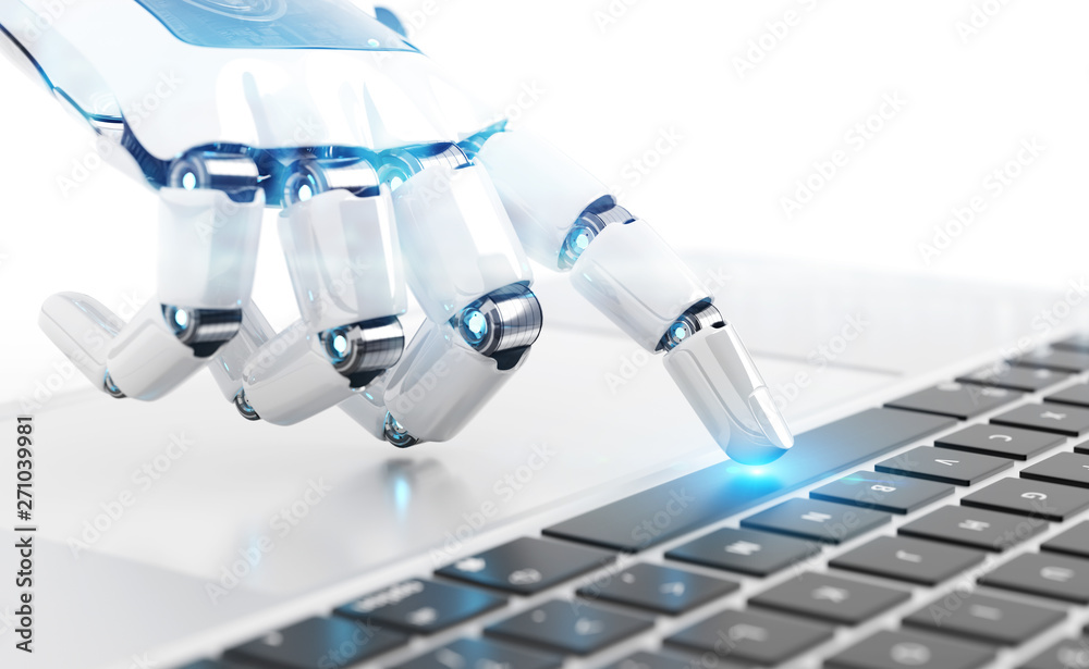 Poster White robot cyborg hand pressing a keyboard on a laptop 3D rendering