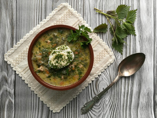 Soup with vegetables and spring greens and egg