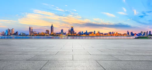 Fotobehang Shanghai bund city skyline and empty square floor at night,panoramic view © ABCDstock
