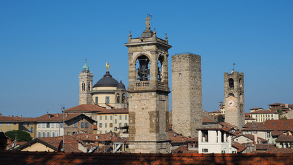 Bergamo, Italy. The old town. Landscape at the city center, the old towers and the clock towers from the ancient fortress