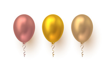 Realistic 3d glossy balloons in pink, yellow and beige colors. Vector elements for holiday backgrounds or birthday party. Isolated on white.