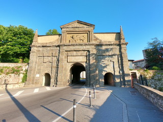 Fototapeta na wymiar Bergamo, Italy. The old town. Landscape on the old gate named Porta Sant Agostino. It is one of the four access doors to the old city