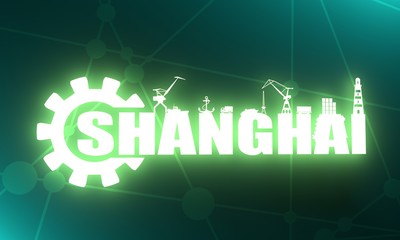 Gear with sea shipping and travel relative silhouettes.. Calligraphy inscription. Shanghai city name text. 3D rendering